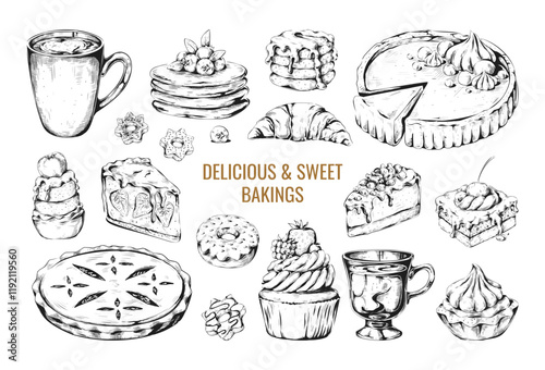 Hand drawn cake. Bakery dessert sketch. Handmade pastry like tart, cream pie or cheesecake. Coffee cup. Pancakes with topping. Engraving delicious muffins. Vector baking confectioneries set