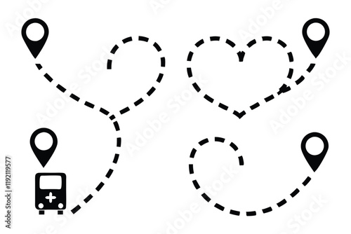 Minimalist line art icon set with dashed paths forming hearts, map markers, and transport vehicles for navigation concepts