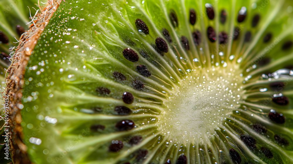 Fresh Kiwi Fruit Close-Up: Vivid Green Flesh with Contrast of Tiny Black Seeds and Brown Hairy Skin Fresh Kiwi Fruit Close-Up: Vivid Green Flesh with Contrast of Tiny Black Seeds and Brown Hairy Skin
