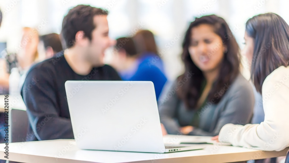 Discussion Around a Shared Laptop – A blurred background of students working together around a laptop.
Discussion Around a Shared Laptop – A blurred background of students working together around a laptop.