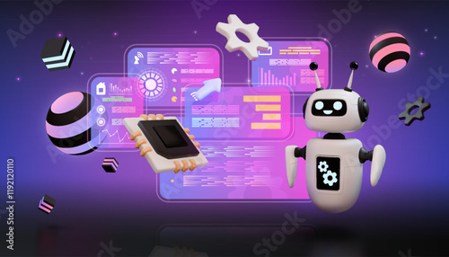 AI technology. 3D futuristic robot. Digital HUD data text or software bot. Tech programming. Computer microchip. Artificial intelligence. Geometric render shapes. Vector background