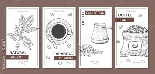 Coffee poster. Sketch style cup of espresso, plant with leaves and grains, cezve for cooking. Vertical banner or packaging design. Menu cover. Aromatic arabica beverage vector illustration set