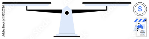 Balancing scale with equal weights, currency symbol, and online storefront conveys financial equity, e-commerce, and balance. Ideal for finance, business, fairness, e-commerce balance transaction