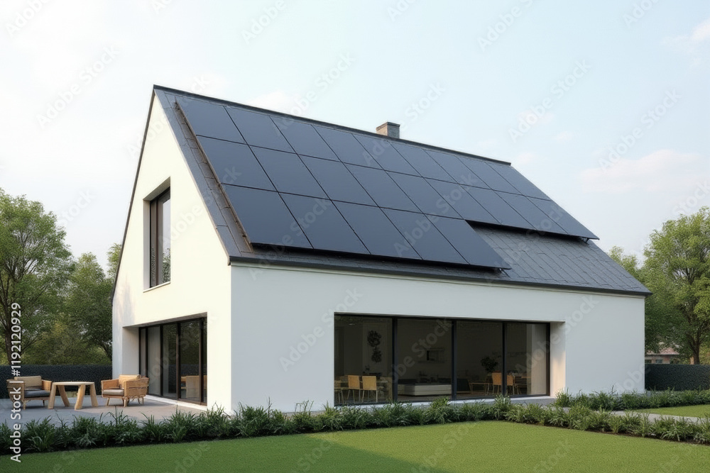 A contemporary house with sleek solar panels integrated into a flat roof, framed by minimalist landscaping. A contemporary house with sleek solar panels integrated into a flat roof, framed by minimalist landscaping.