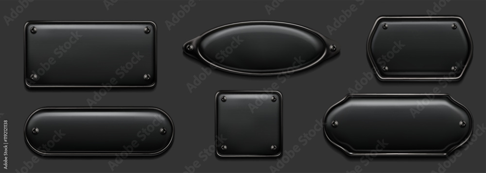 Metal plate. Black rivet button, steel game sign or square border texture. Ui frame interface, 3d plaque tag. Luxury premium square design, emblem aluminum background. Vector badge set