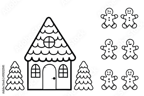 Colorful and festive gingerbread house illustration featuring candy details, Christmas trees, and winter holiday elements