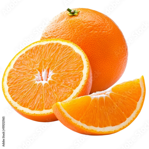 Vibrant Citrus Duo: Fresh Orange and Cross-Section Isolated on Transparent Background