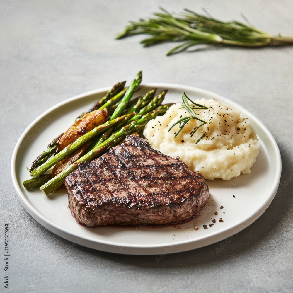 A savory and tender grilled steak with a side of roasted asparagus and mashed potatoes, served on a white plate, Grilled steak centered A savory and tender grilled steak with a side of roasted asparagus and mashed potatoes, served on a white plate, Grilled steak centered