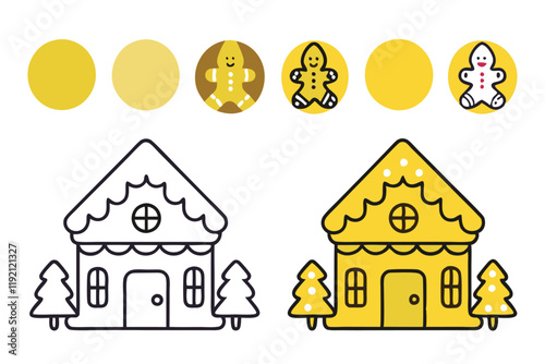 Cheerful gingerbread house illustration with candy canes, holiday decorations, and colorful winter accents