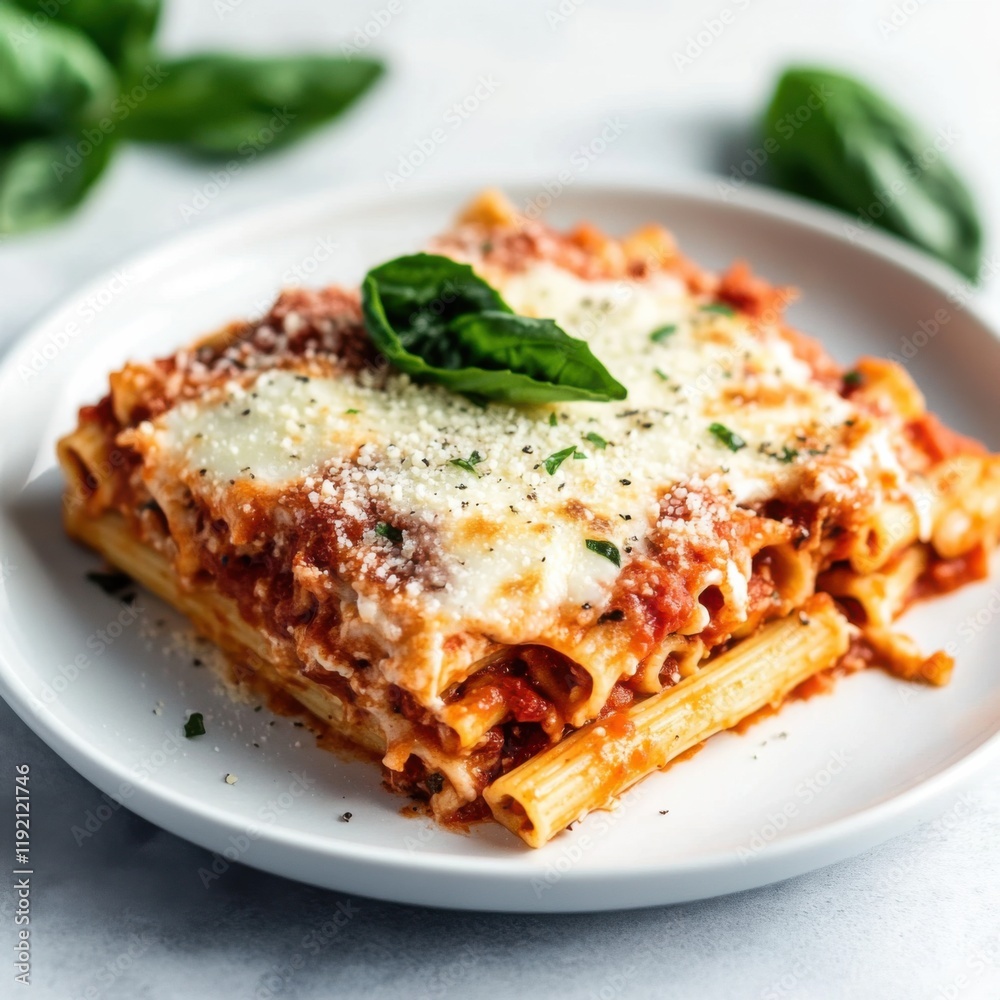 A savory baked ziti with marinara sauce, mozzarella cheese, and a sprinkle of parmesan A savory baked ziti with marinara sauce, mozzarella cheese, and a sprinkle of parmesan