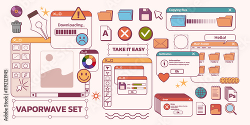 Retro interface. Windows web design. Vintage 90s UI screen or game graphics digital template. Document folder. Error message. Computer old buttons. Browser dashboard. Vector background