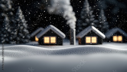 A serene snowy village with glowing windows and smoke rising from chimneys cozy winter charm holiday nostalgia peaceful vibes photo