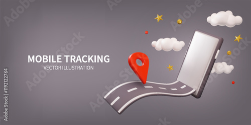 3D road. Car trip. Phone application. Delivery way map in smart telephone app. Order service technology. Smartphone screen. Roadmap pin. Mobile tracking. Transport route. Vector background