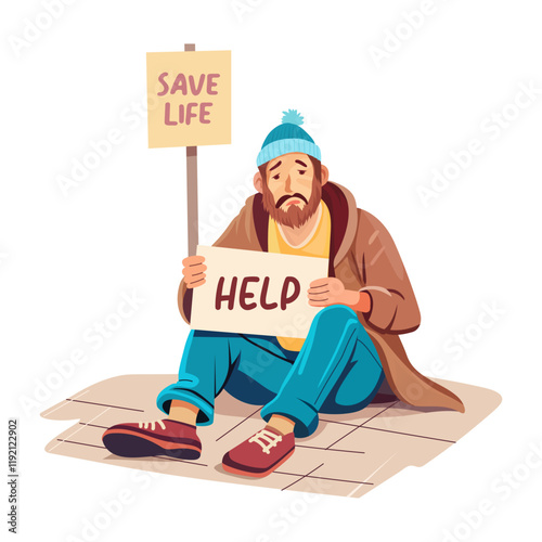 Pauper character holding help board illustration in flat style 

