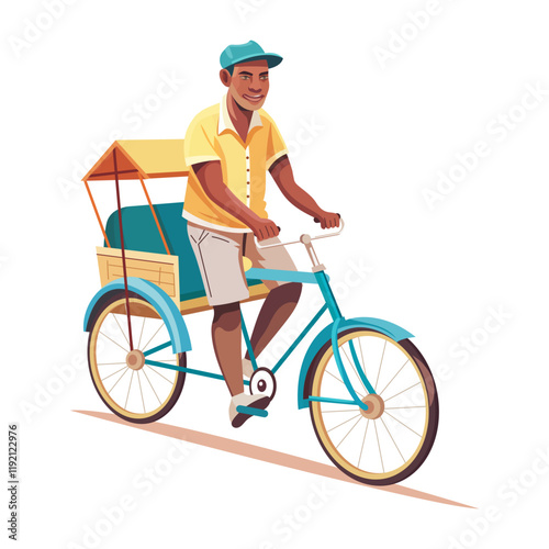 A poor character riding a bicycle taxi, flat illustration 


