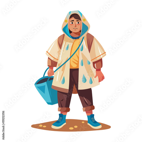 A flat illustration of poor character wearing plastic raincoat 

