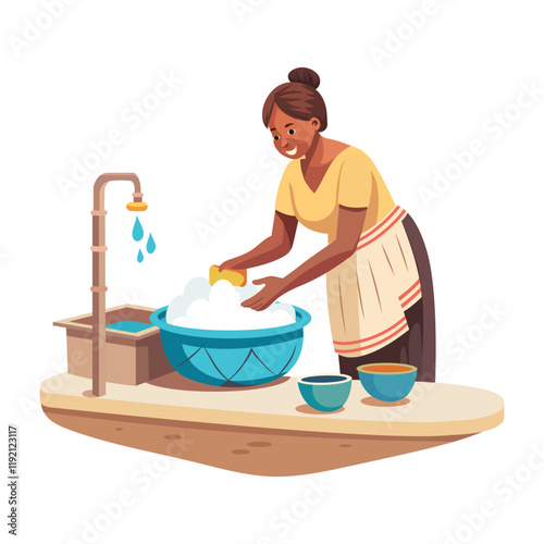 A poor lady washing dishes illustration in flat style 

