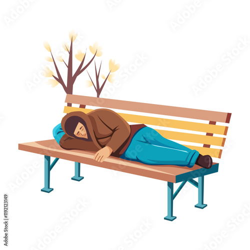Homeless character sleeping on bench illustration in flat style 

