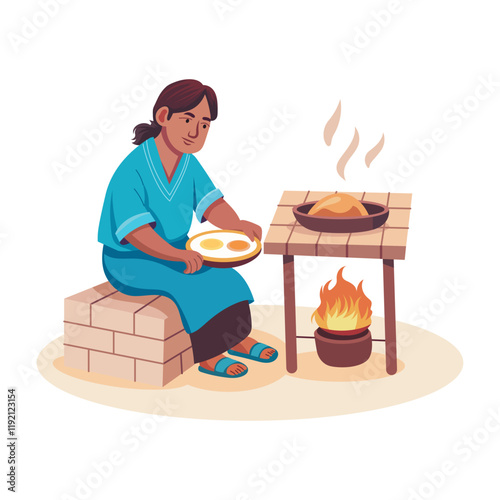 A poor woman cooking food on fire, flat style illustration 

