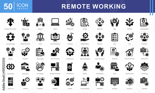 Remote Working icon collection set. Containing employment, workplace, workhouse, digital nomad, mobile work, internet, cloud computing icon.