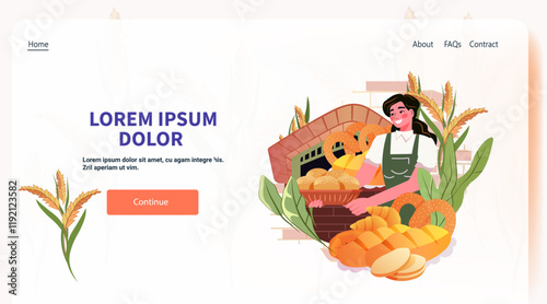 Bakery landing page design woman baker holding bread basket surrounded by wheat and baked goods warm colors website template