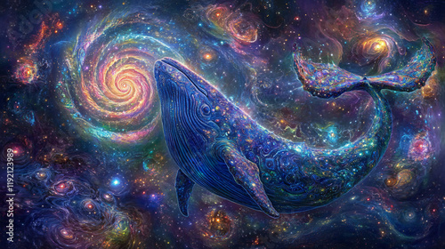 Psychedelic 80s-style art of cosmic whales swimming through vibrant nebulae and galaxies, creating a surreal and imaginative space-themed design fish deep blue sea cosmos world eye earth hippie