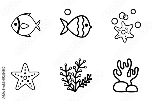 Hand drawn and colorful underwater themed designs highlighting sea creatures, plants, and oceanic vibes for creative projects