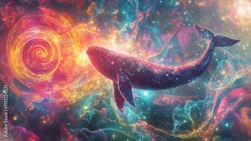 Psychedelic 80s-style art of cosmic whales swimming through vibrant nebulae and galaxies, creating a surreal and imaginative space-themed design fish deep blue sea cosmos world eye earth hippie
