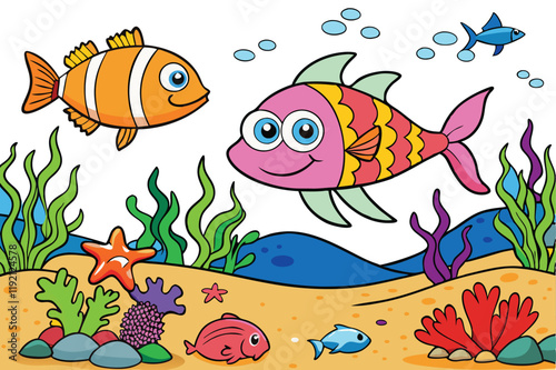 Colorful underwater scene with cute cartoon fish, vibrant corals, sea plants, and ocean bubbles, perfect for kids coloring pages or decor