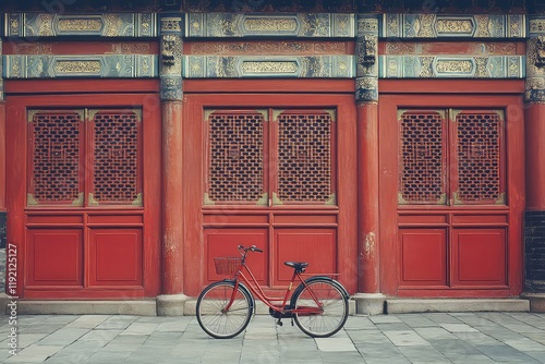 A vintage-style photo of a bike in front of an intricately designed red oriental building, evoking nostalgia and cultural charm.
