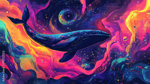 Psychedelic 80s-style art of cosmic whales swimming through vibrant nebulae and galaxies, creating a surreal and imaginative space-themed design fish deep blue sea cosmos world eye earth hippie