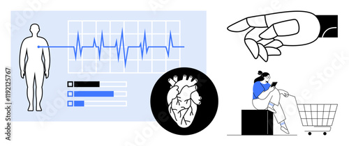Human silhouette with heartbeat graph, heart image, robotic hand, and person using a smartphone. Ideal for health tech, biometrics, AI integration, digital interaction, remote monitoring eHealth