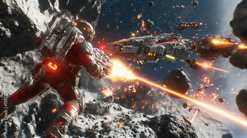 Epic space battle featuring armored astronaut and Spaceships in asteroid field, human soldiers in advanced tactical armor fighting alongside alien warriors with glowing energy weapons