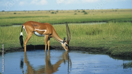 Impala drinks water, savanna, reflection, wildlife photo