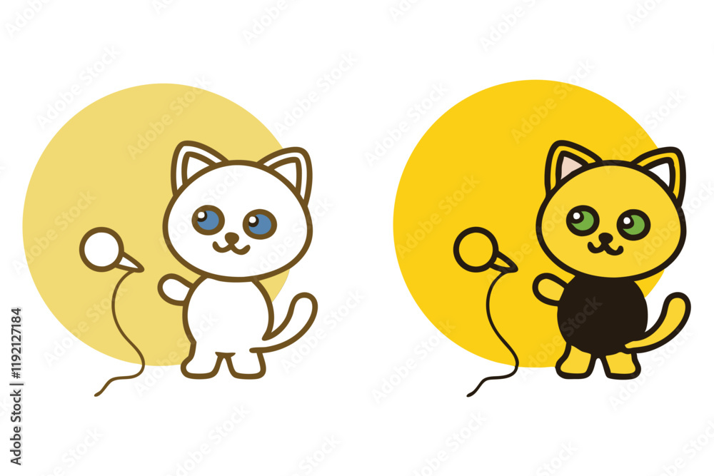 Fototapeta premium Two cartoon cats in monochrome and color variations, seated with toys and cushions, ideal for childrens educational materials or creative designs