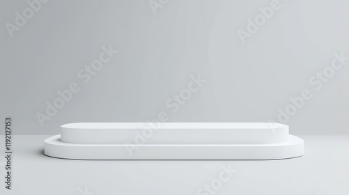 Simple white display stand positioned on light gray backdrop, front view, no clutter.