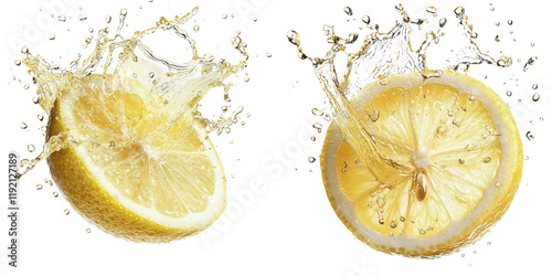 A vibrant lemon slice splashes in water, showcasing its juicy, bright yellow interior and fresh texture.