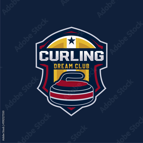 Simple curling logo sport vector with curling stone badge emblem