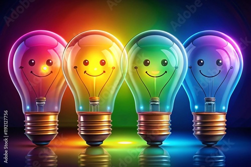 Colorful smiling light bulbs against a dark background, representing bright ideas, positivity, and sustainable energy photo