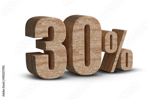 wooden 3d numbers, 30% wooden isolated white background