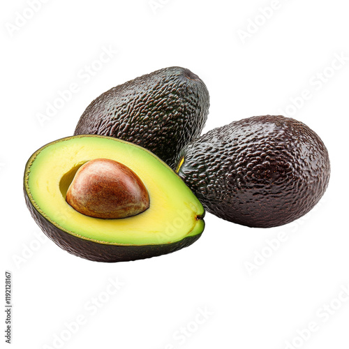 A fresh, halved avocado showcases its vibrant green flesh and brown seed, accompanied by whole avocados with textured skins.