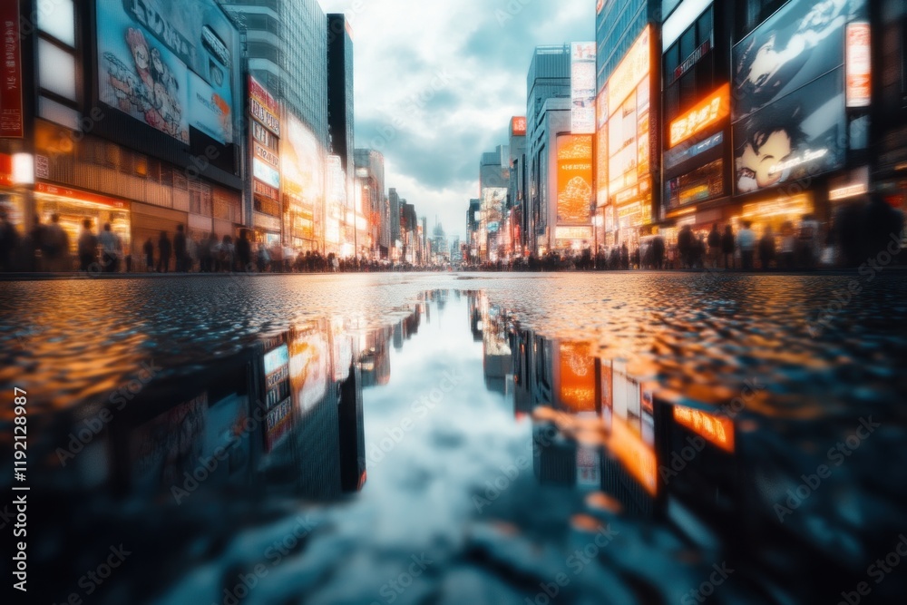 Fototapeta premium Vibrant urban evening shinjuku cityscape photography reflective streets ground level nighttime serenity