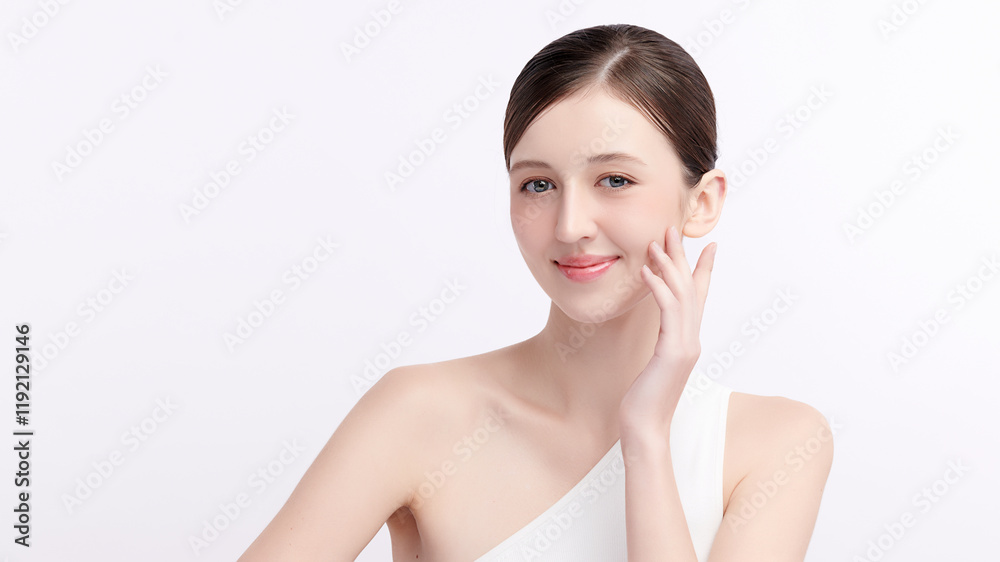 Beautiful young woman with clean fresh skin on white background, Face care, Facial treatment, Cosmetology, beauty and spa, women portrait. Beautiful young woman with clean fresh skin on white background, Face care, Facial treatment, Cosmetology, beauty and spa, women portrait.