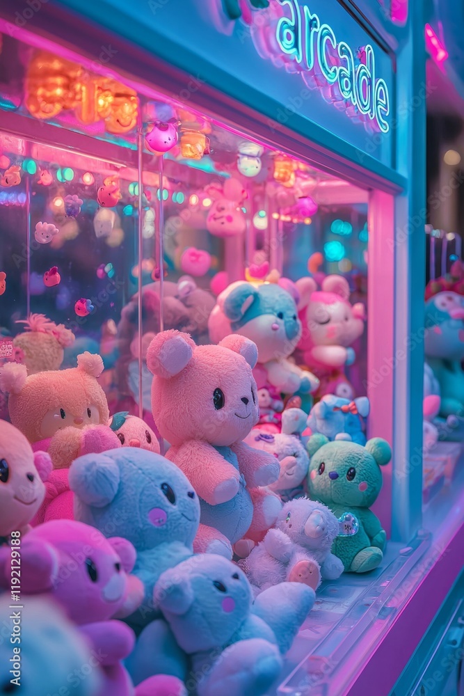 Obraz premium Plushies in a claw machine in an arcade shop with pastel colors and cute cartoon characters. 