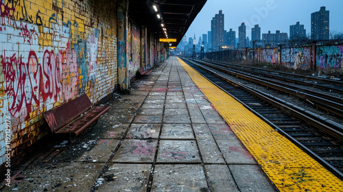 Subway Station Graffiti: An urban landscape captures the stark beauty of a deserted subway platform adorned with colorful graffiti, creating a visual contrast between the decay and the vibrant art. photo