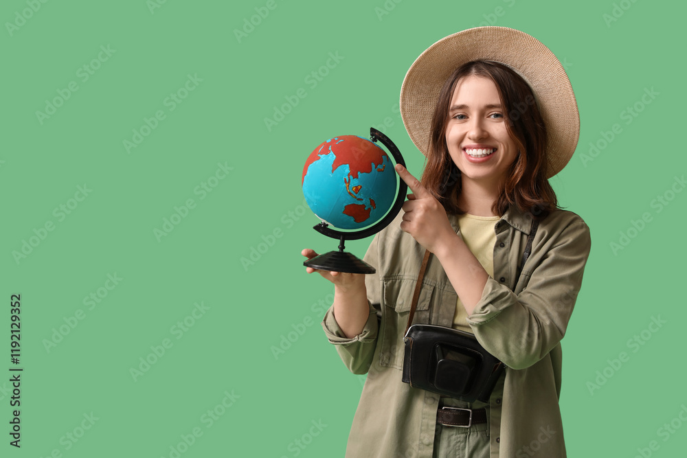 Fototapeta premium Female traveler with globe on green background. Itinerary concept