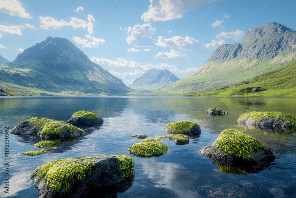 Fototapeta premium A lake in the foreground, with stones and moss on its surface. In the background, mountains rise up against a blue sky. 