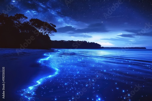 An artistic depiction of Jervis Bayâ€™s glowing waters, combining the bioluminescence with soft reflections of the stars above photo