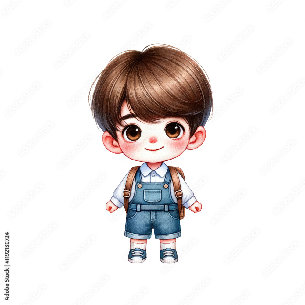 A cute, animated child character wearing overalls and a backpack, featuring large expressive eyes and a cheerful smile.