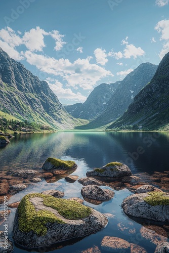 A lake in the foreground, with stones and moss on its surface. In the background, mountains rise up against a blue sky. 